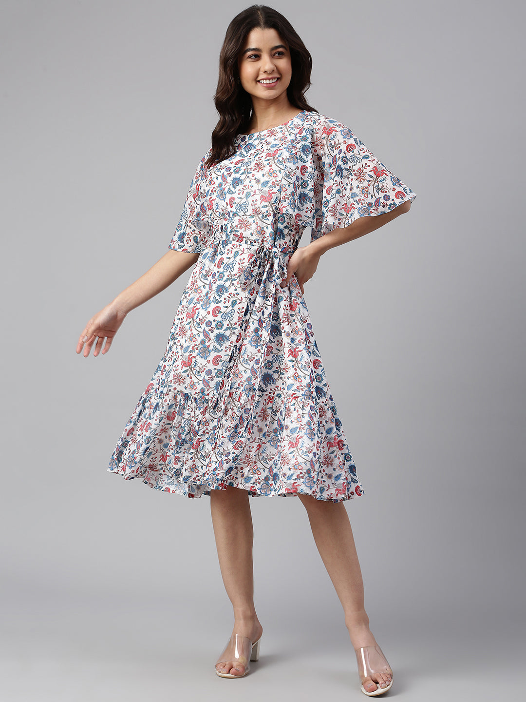 White Georgette Floral Print Flared Western Dress – Nykaa Fashion