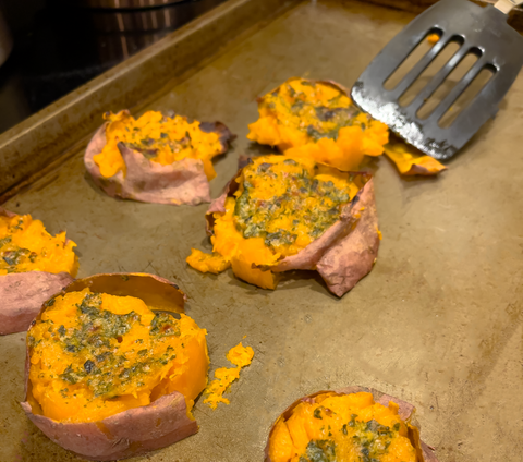 Savory smashed sweet potatoes