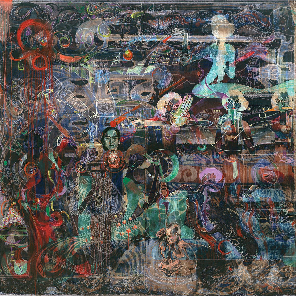 Hung Liu, Music of the Great Earth II, 2008, mixed media on panels (detail)