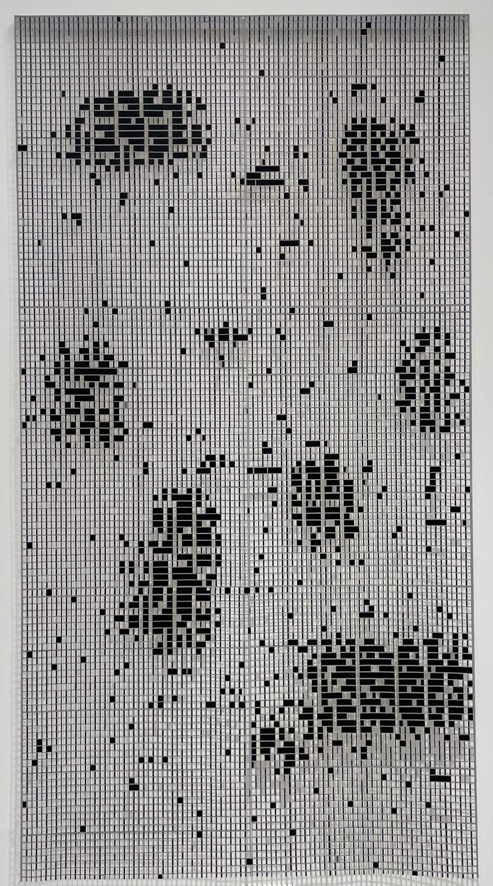 Jane Lackey, Friction 1, 2018, acrylic paint, labels, hand cut kozo paper, wood hanger,  72 x 39 in.