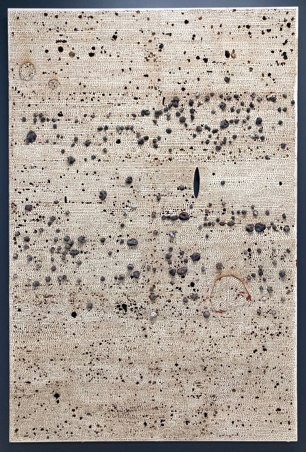 Tuwaletstiwa, Song 1, 2021 Raku fired clay, acrylic, and burns on canvas 72" x 48"