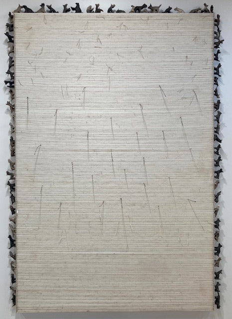 Tuwaletstiwa, Song 3, Dream (1976), 2021, 74” x 52”, fiber, raku-fired clay, Kakadu feathers and acrylic on canvas