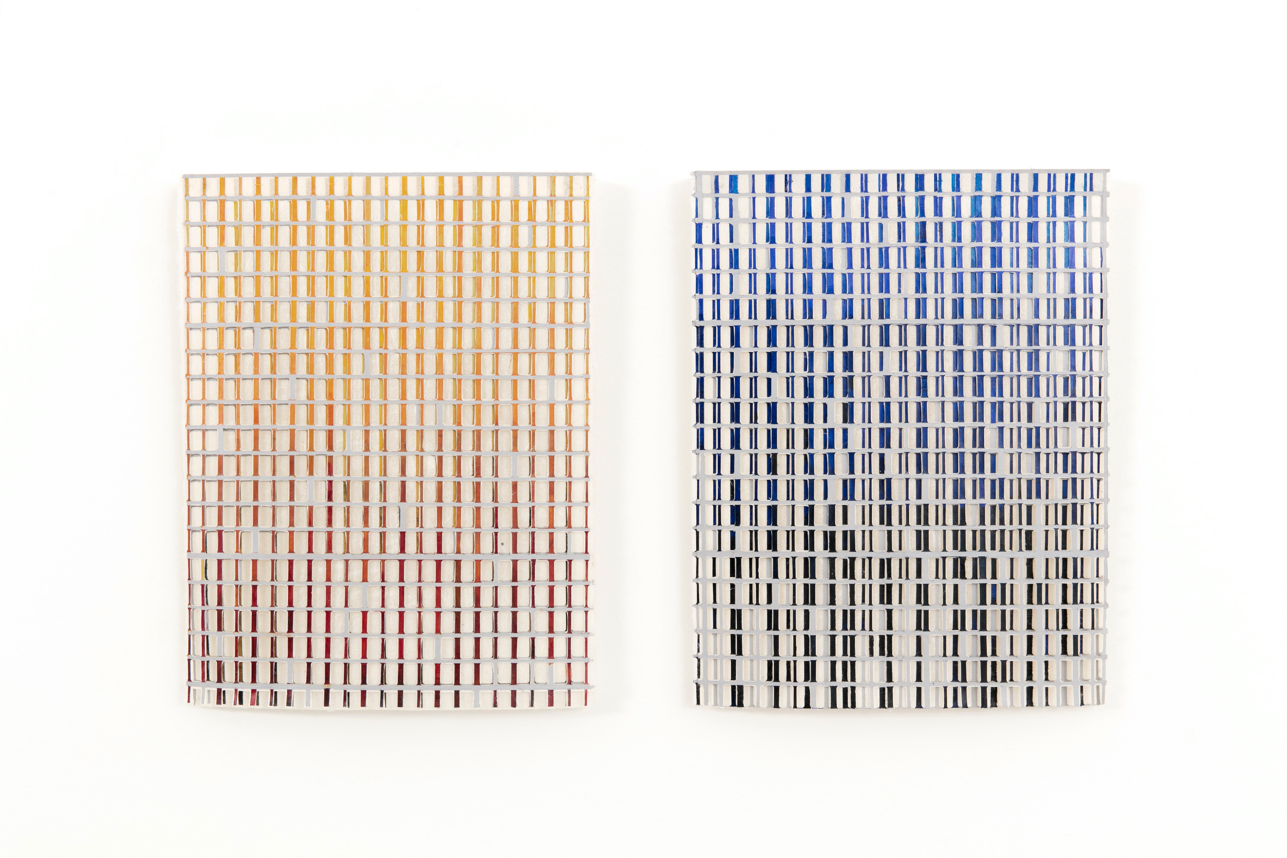 Jane Lackey, Blue/Sienna, 2020, 117/8  x 9 ¼ inches, paint, cut kozo paper over solid kozo paper diptych