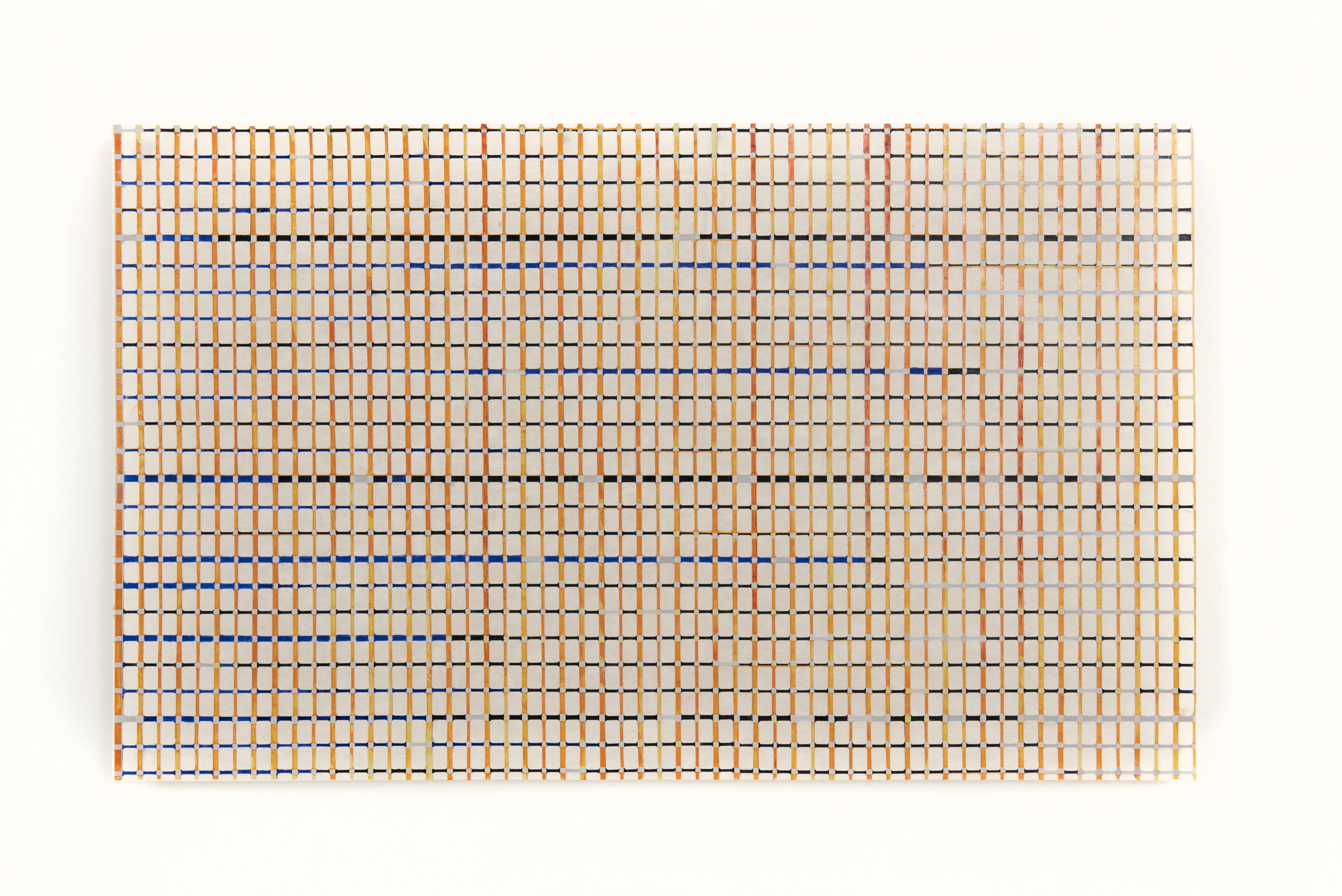 Jane Lackey, Orange/blue/black line variations 1, 2023, 14 x 23 inches, paint on kozo paper