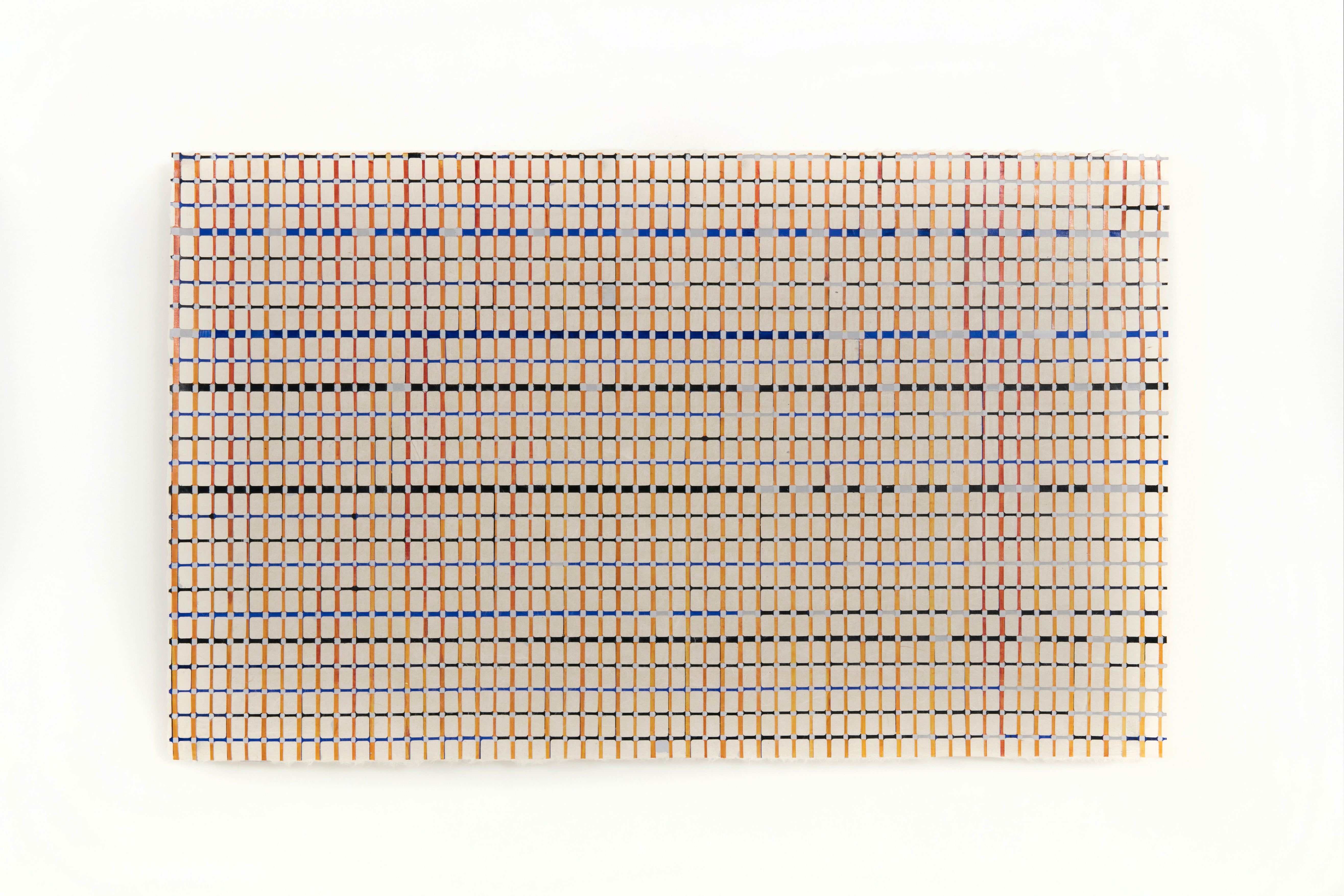 Jane Lackey, Orange/blue/black line variations 2, 2023, 14 x 23 inches, paint on kozo paper