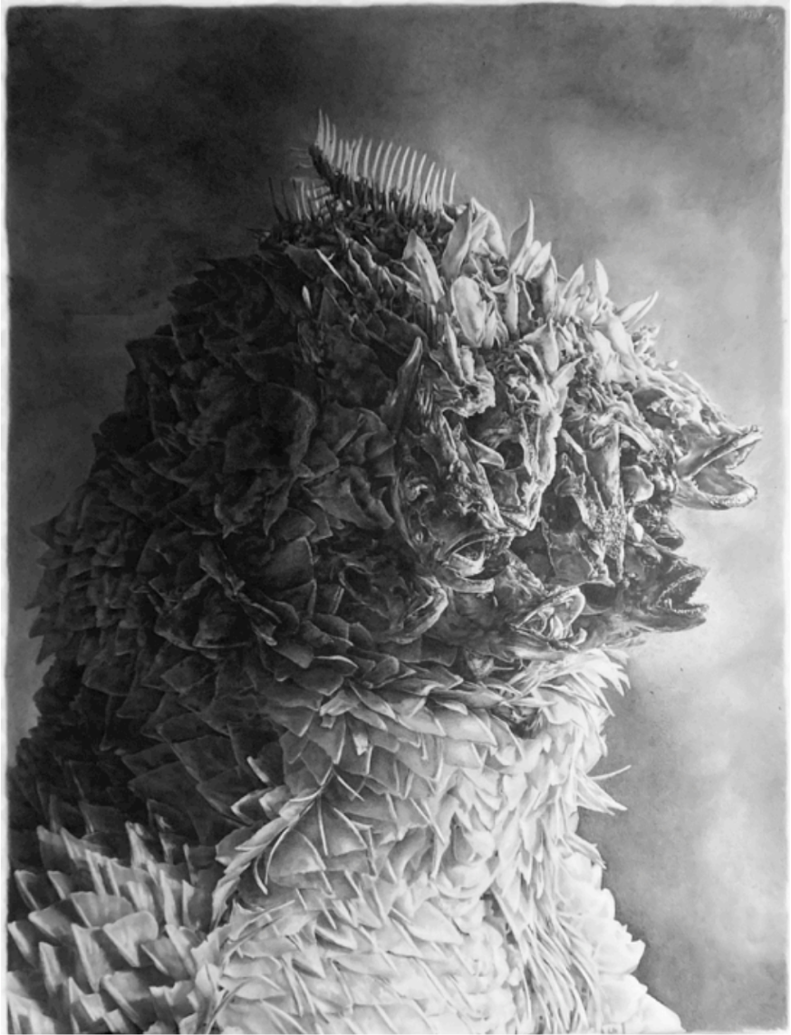 Cedra Wood, Fishbone Beast Portrait (drawing), graphite on paper, 30 x 22 in.