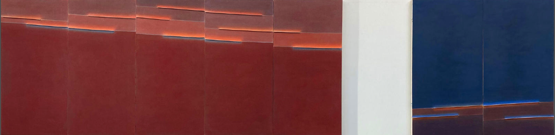 Signe Stuart, Moving Across, 2022 Acrylic on sewn canvas 48 x 192 in. 7 panels and wall space