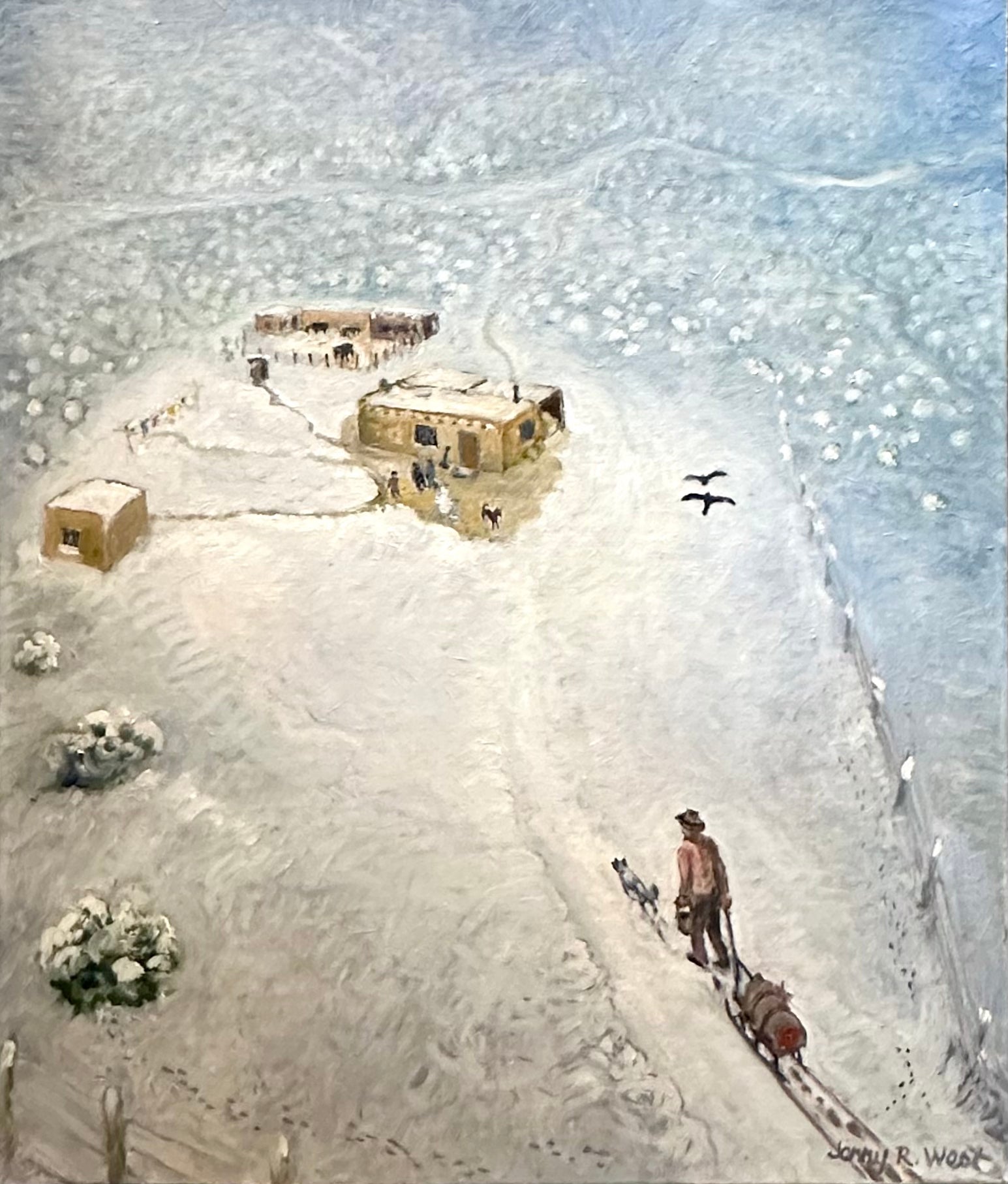 Jerry West, Snowbound with Uncle Gene Bringing Supplies,  2021,  oil on canvas , 26 x 22 in.