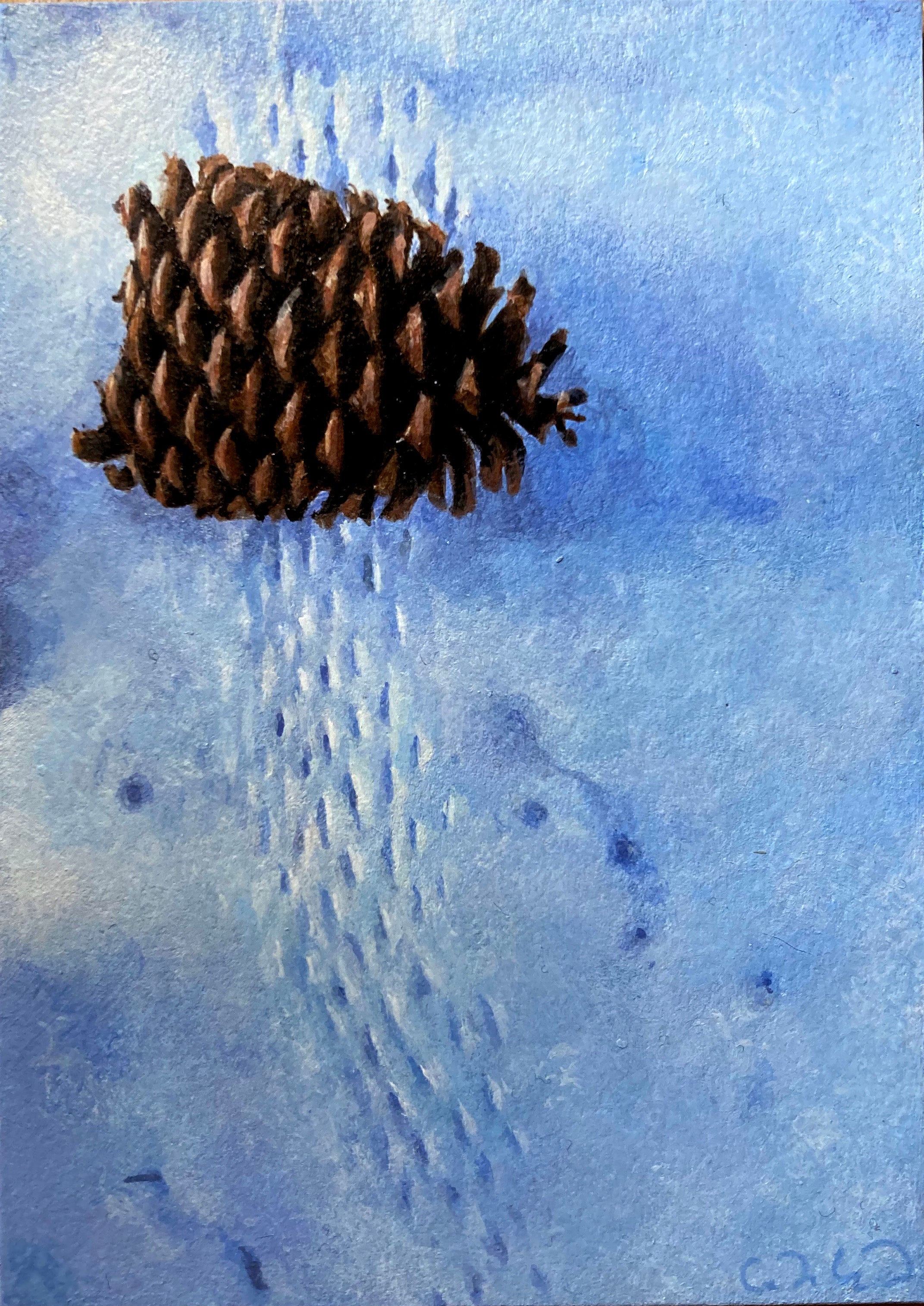 Cedra Wood, Wandering Pine Cone, Sagehen (painting), acrylic on panel, 3.5 x 2.5 in.