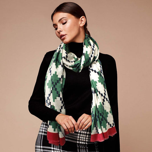 Olive Plaid Houndstooth Reversible Scarf