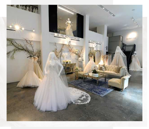 Stanley Korshak's bridal showroom, displaying designer wedding dresses