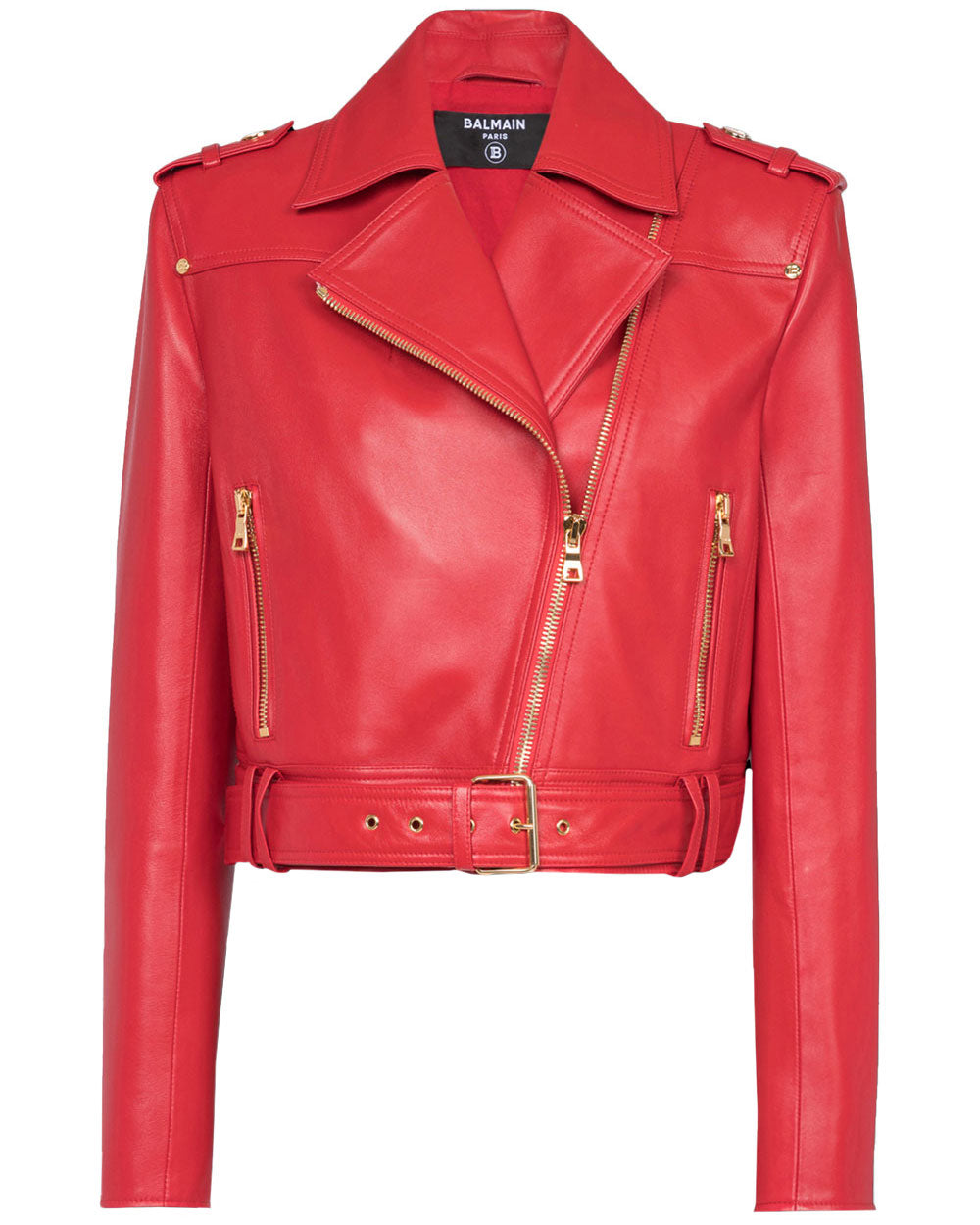 Balmain Rouge Leather Cropped Belted Biker Jacket – Stanley Korshak