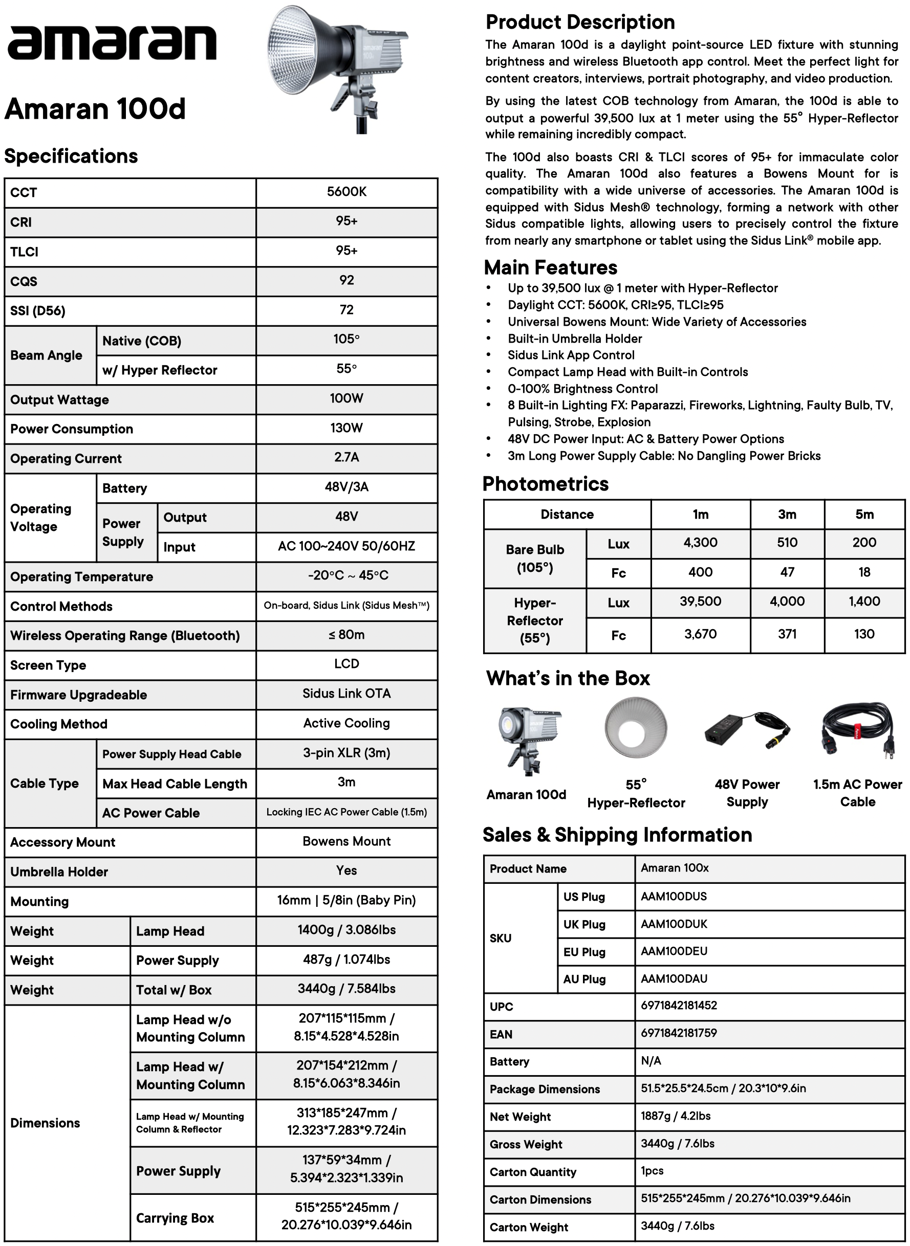 Aputure amaran 100d spec sheet