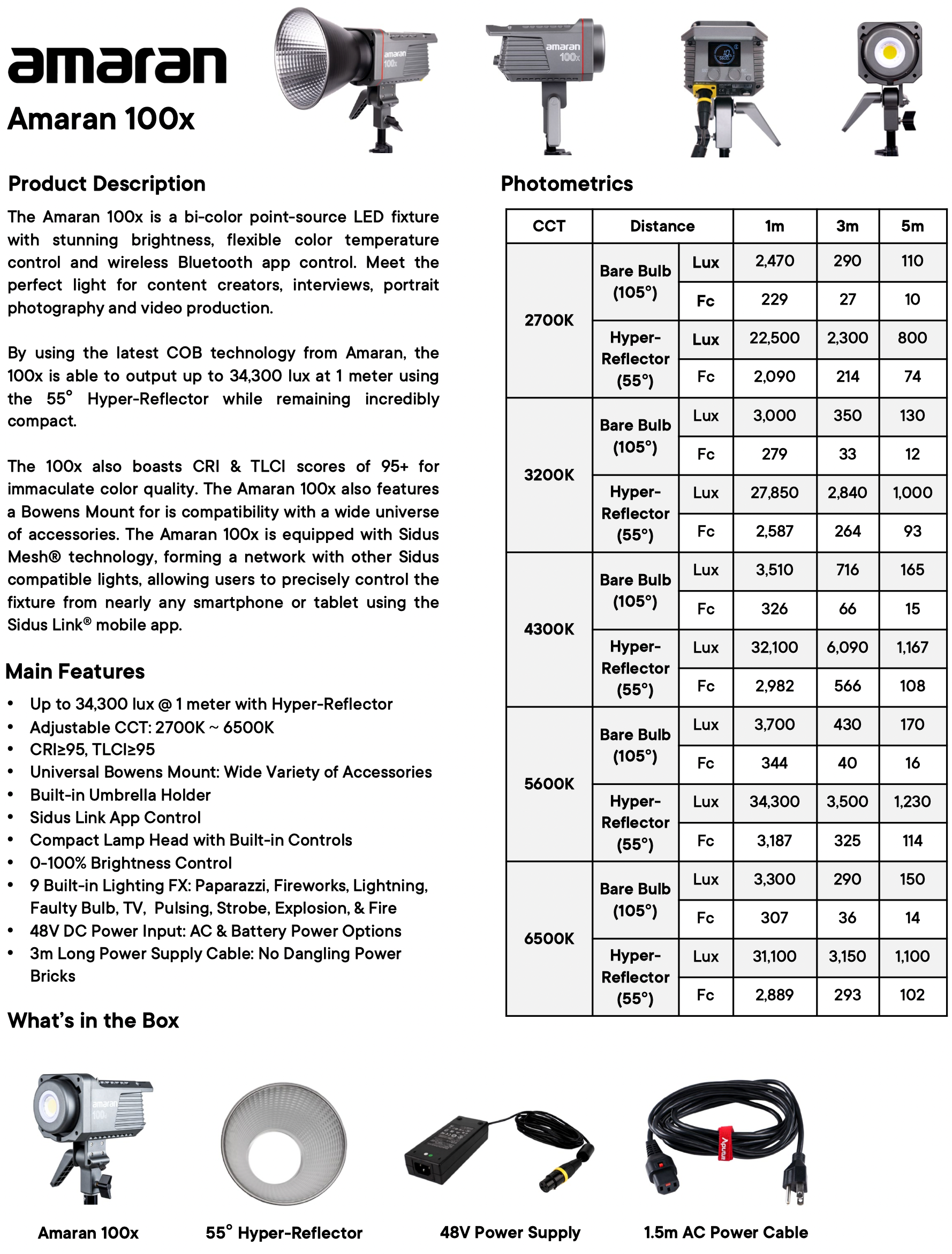 Aputure amaran 100x spec sheet