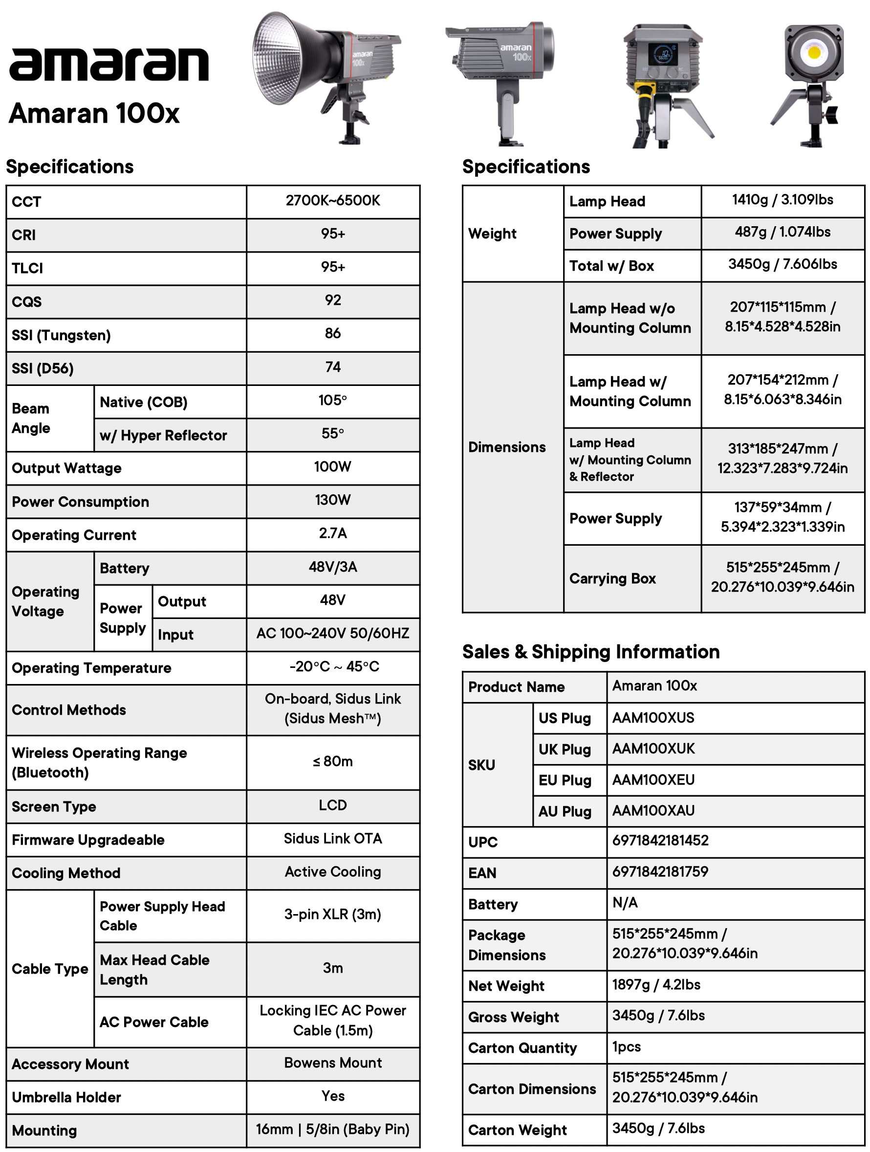 Aputure amaran 100x spec sheet 2