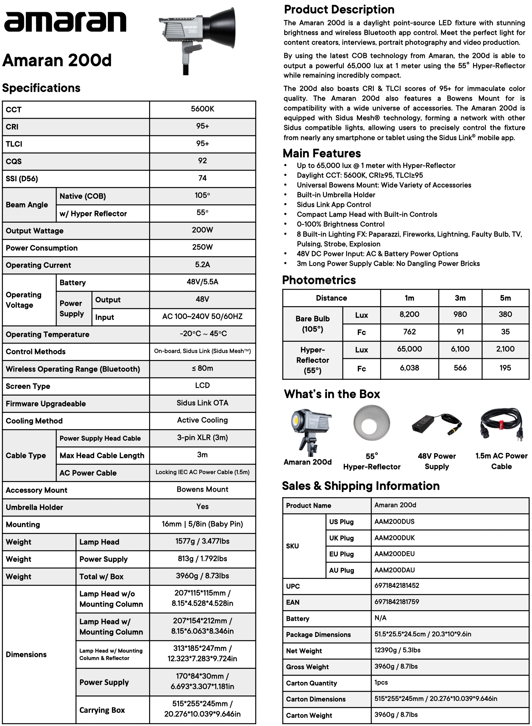 Aputure amaran 200d spec sheet