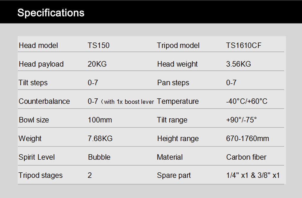 Teris TS150CF Carbon Fiber Tripod Kit 20kg(44lb)