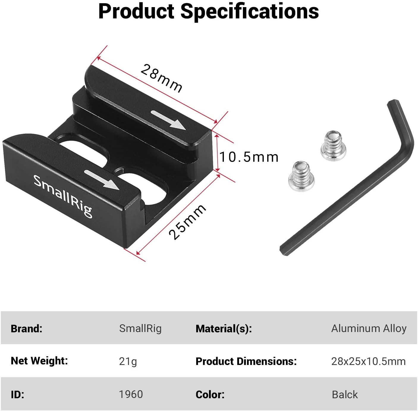 SMALLRIG Cold Shoe Adapter for Camera Cage, Camera Rig, Camera Light Mount, LED Monitor Mount, Flash Shoe Mount, On-Camera Microphones - 1960