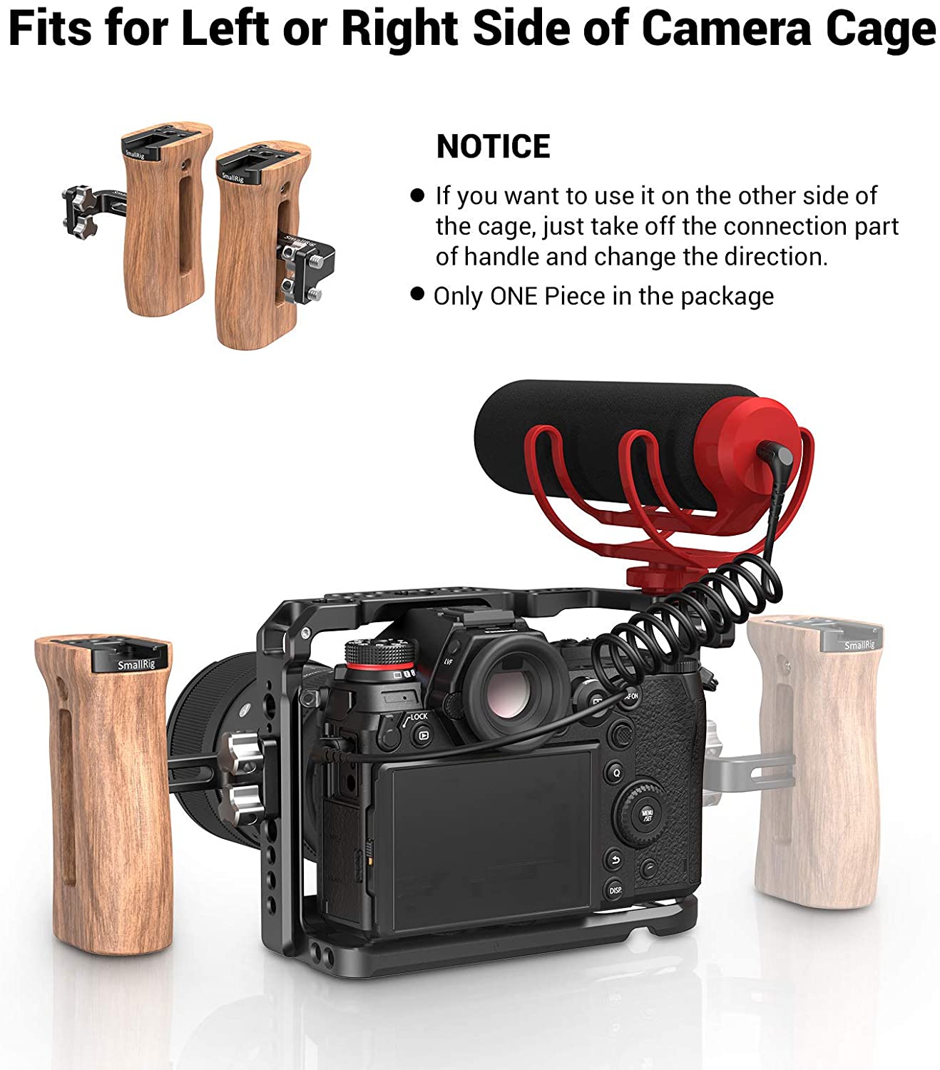 SMALLRIG Universal Side Wooden Handle Grip for DSLR Camera Cage w/Cold Shoe Mount, Threaded Holes - 2093B