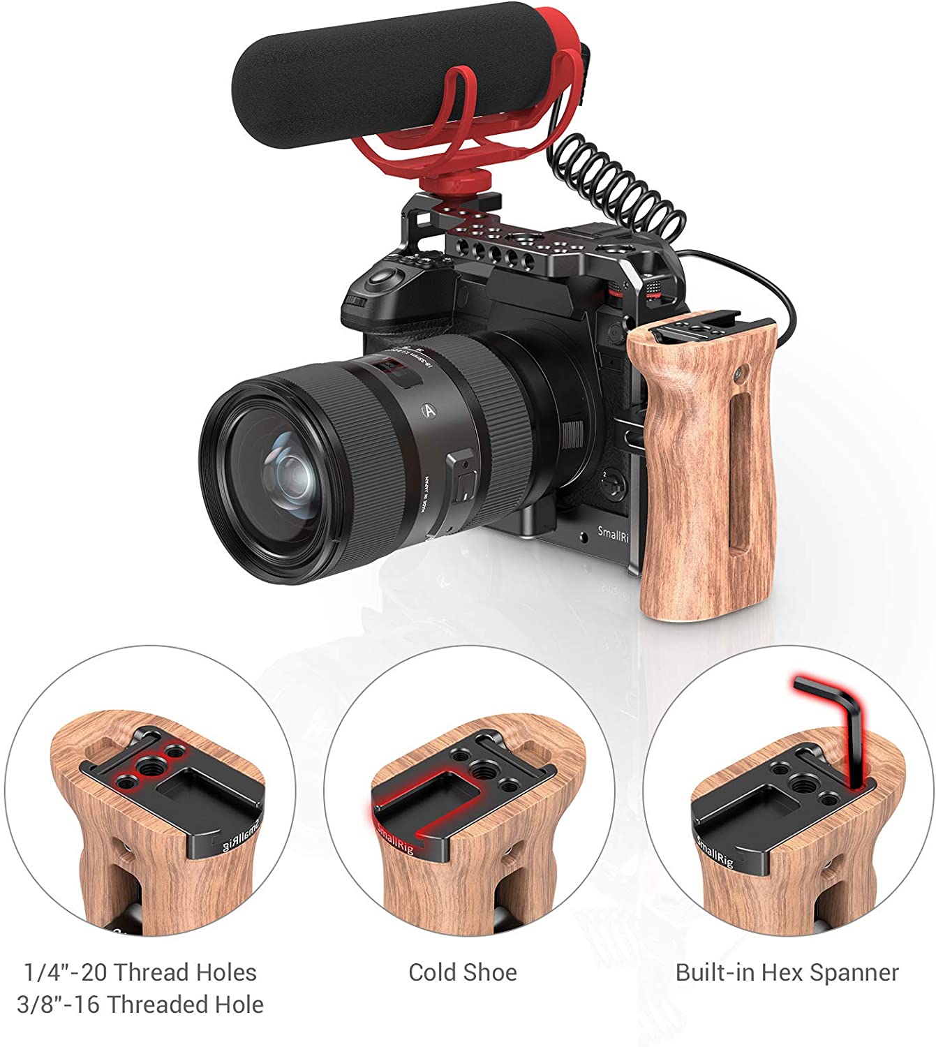 SMALLRIG Universal Side Wooden Handle Grip for DSLR Camera Cage w/Cold Shoe Mount, Threaded Holes - 2093B