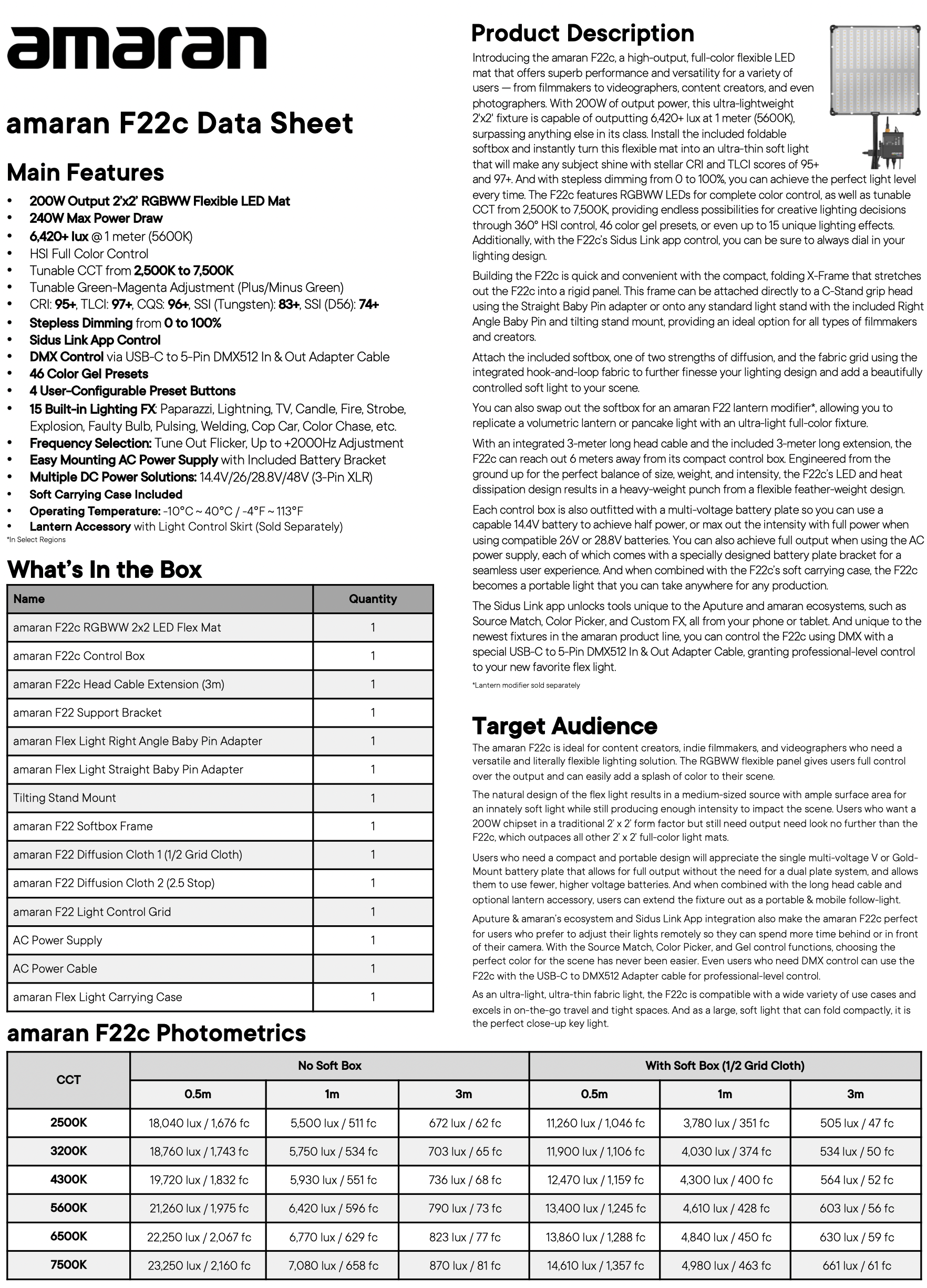 Amaran F22c RGBWW LED Mat Data Sheet