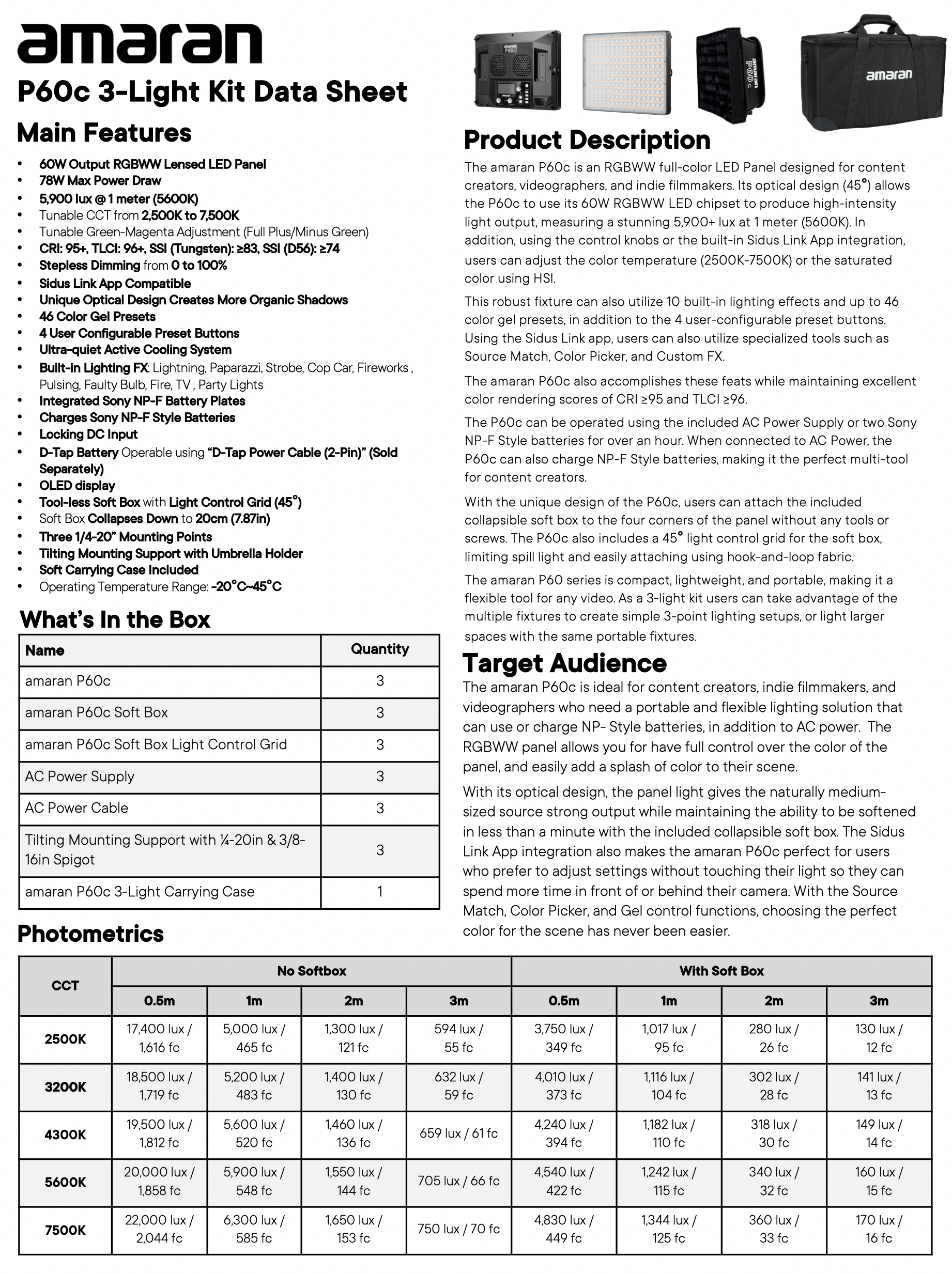 Amaran P60c RGWWW LED Panel 3-lights kit Feature Sheet 1