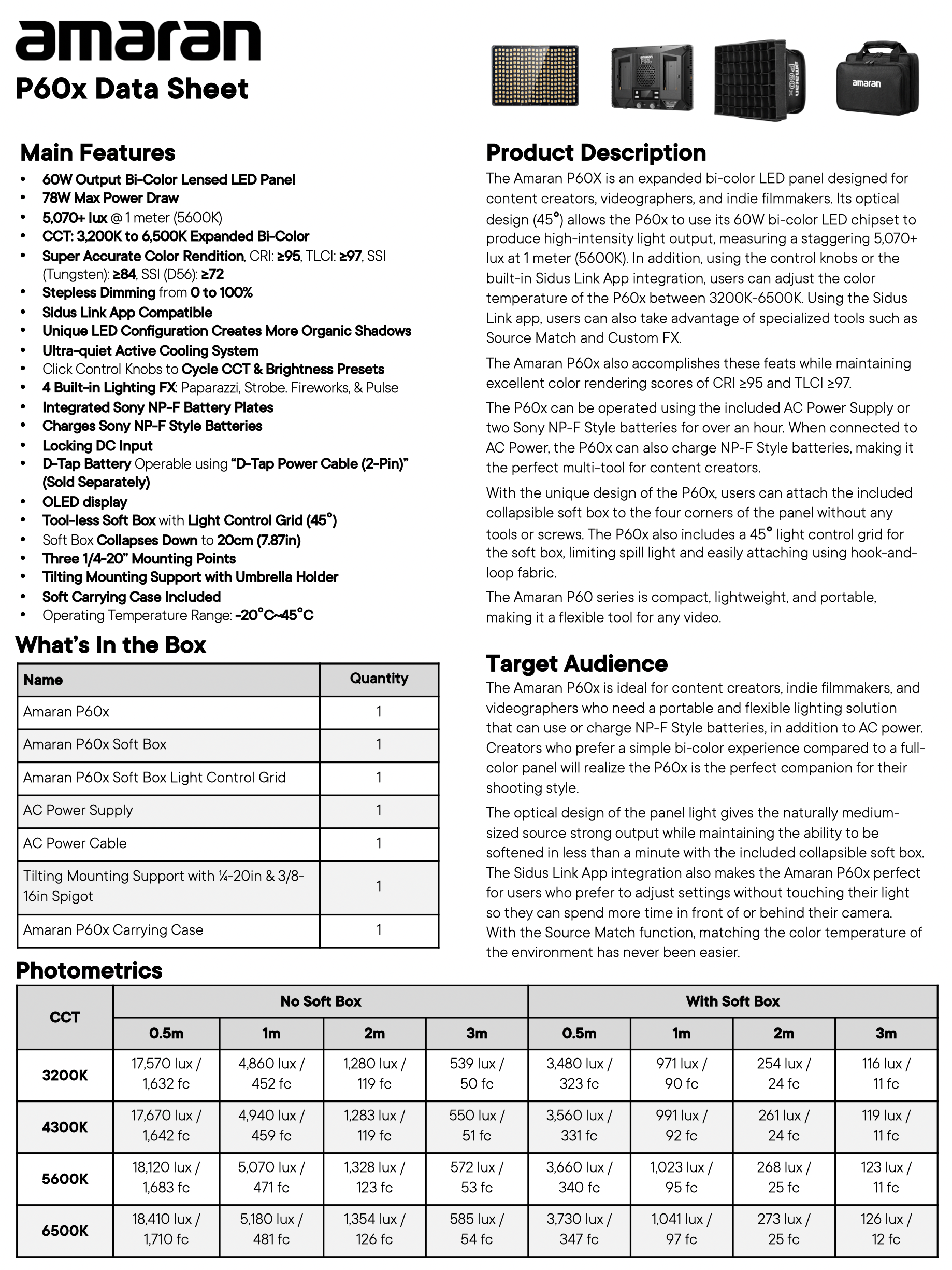 Amaran P60X Feature Sheet 1