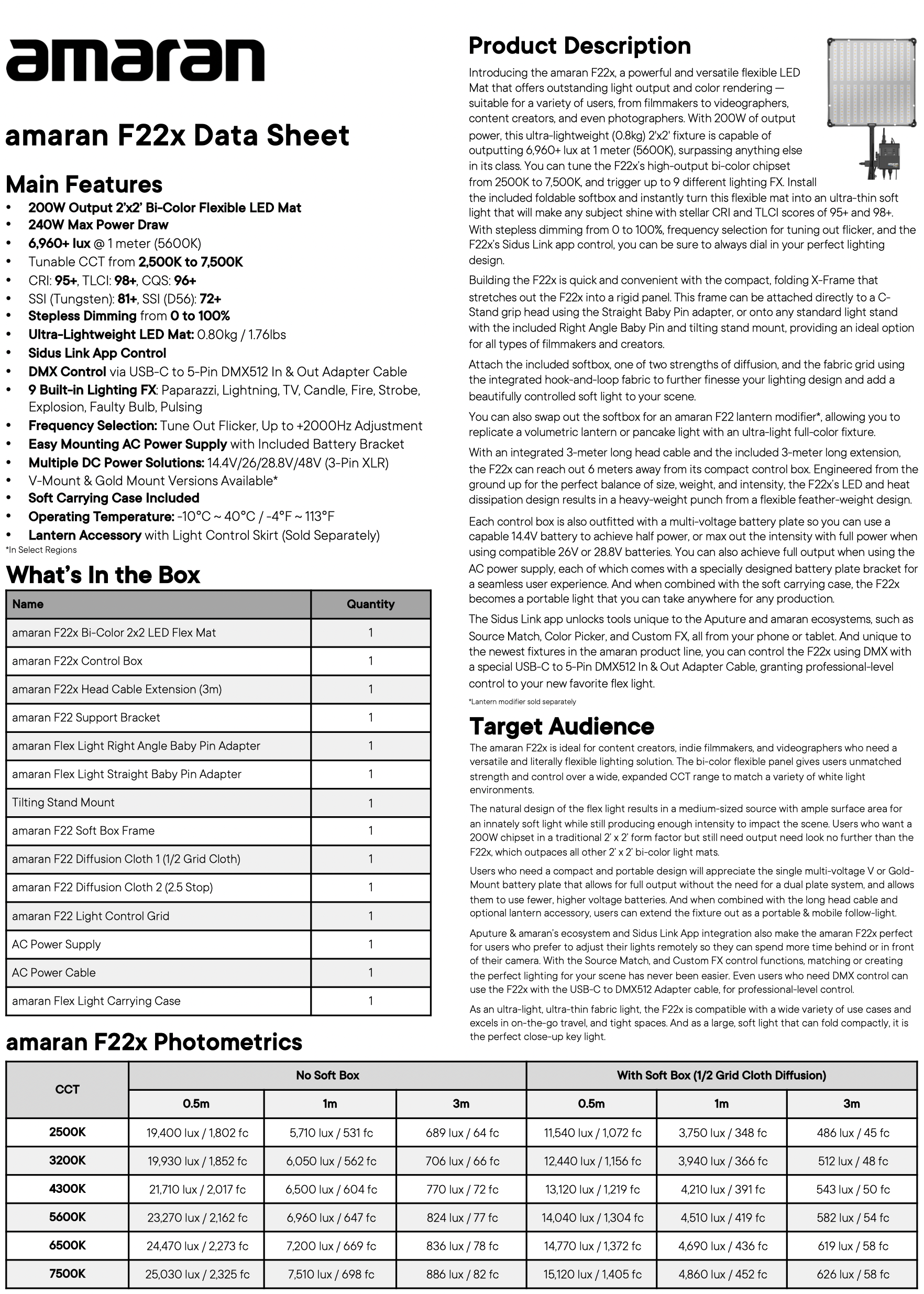 Amaran F22x Bi-color LED mat data sheet