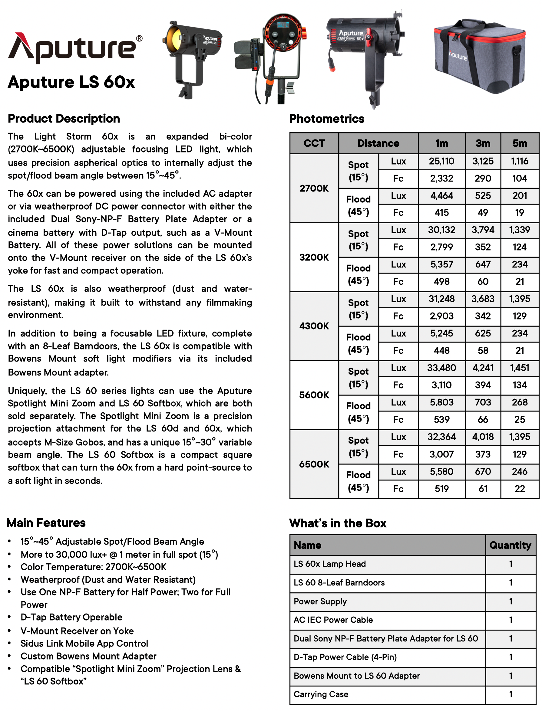 Aputure LS 60X Feature Sheet