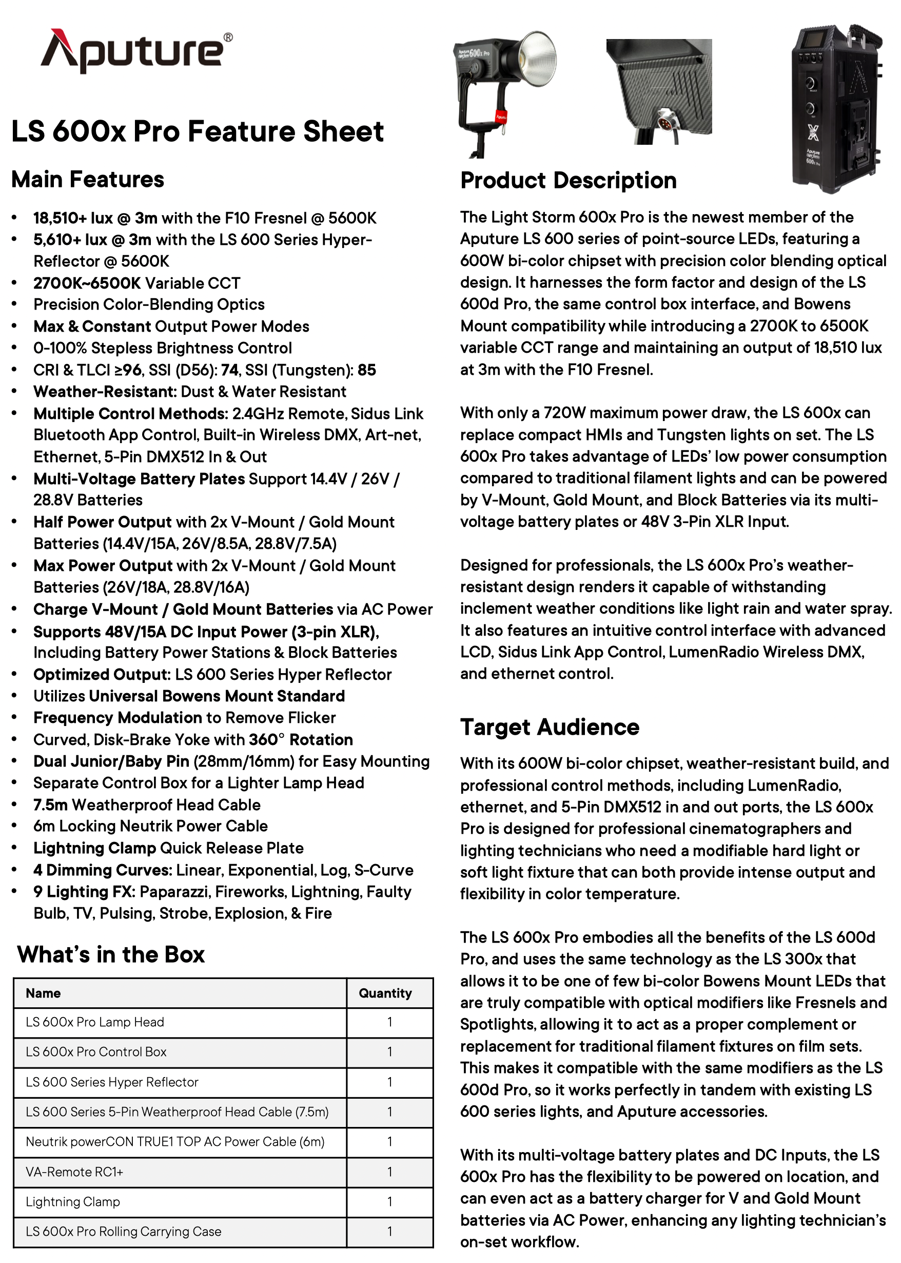 Aputure LS 600X Pro Bi-Color LED Spotlight Feature Sheet 1