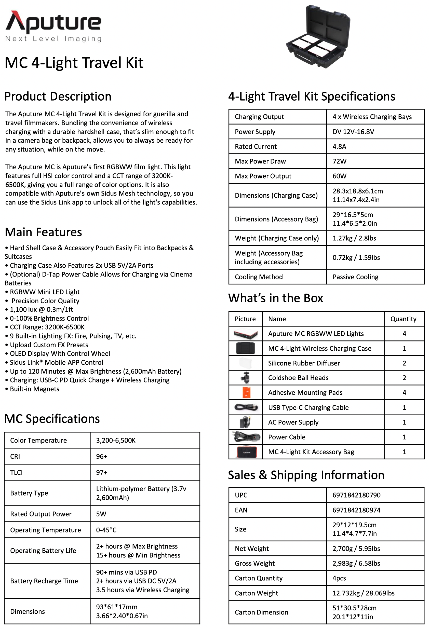 Aputure MC RGBWW LED Mini 4 Light Kit Feature Sheet