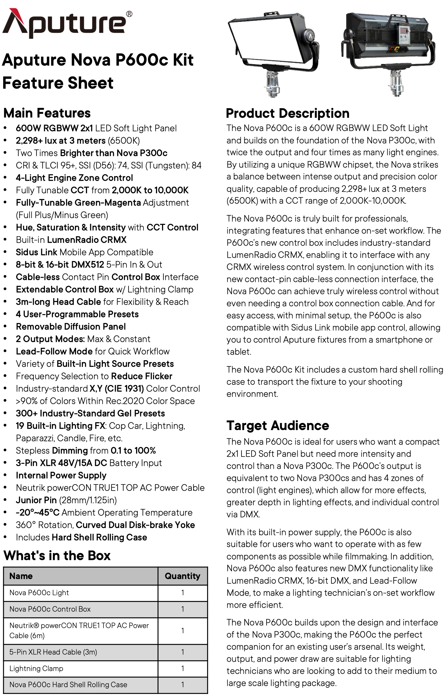 Aputure Nova P600c 2x1 RGBWW LED Panel with Hard Case Kit Spec Sheet 1