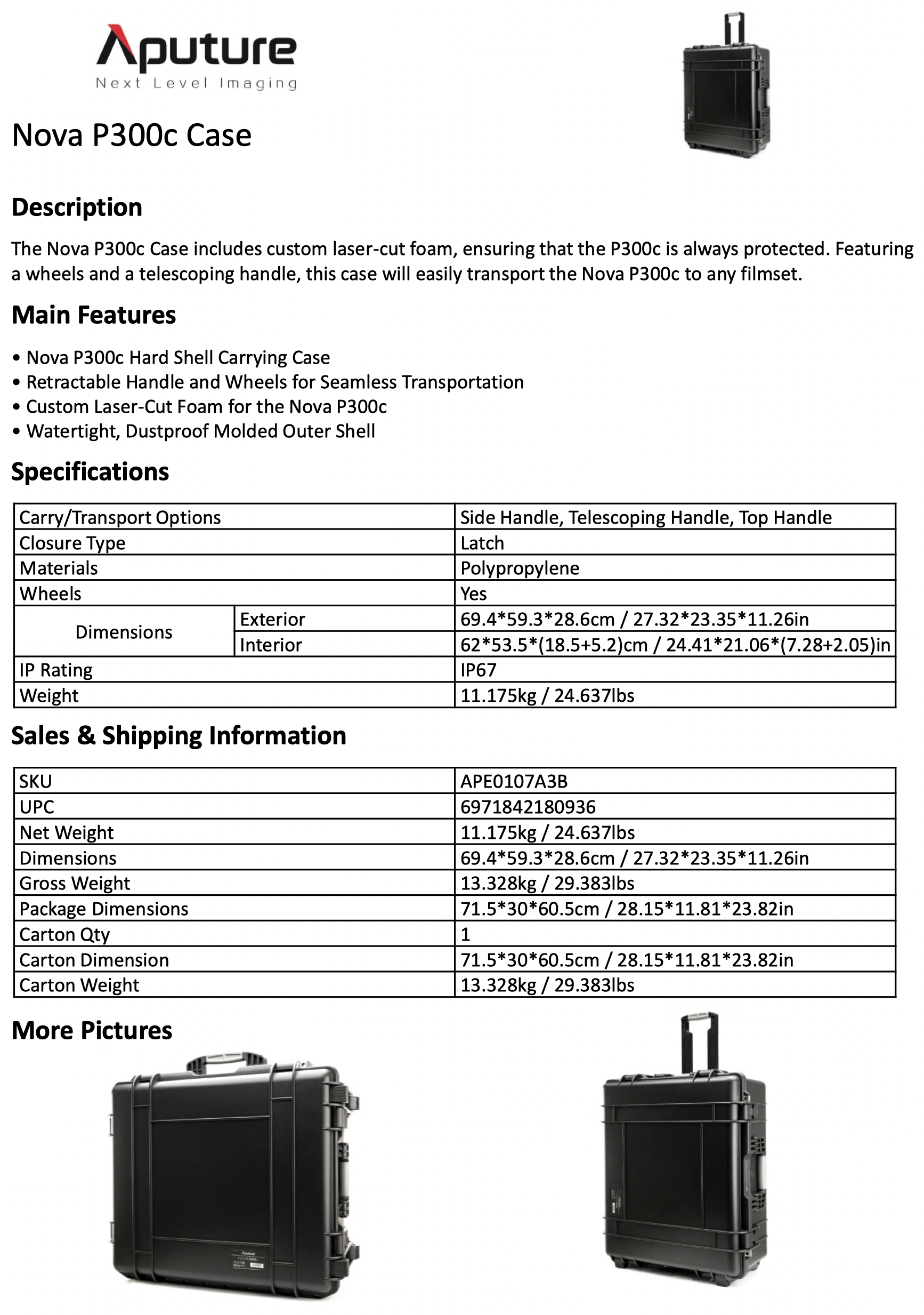 Aputure Nova P300c Case feature sheet