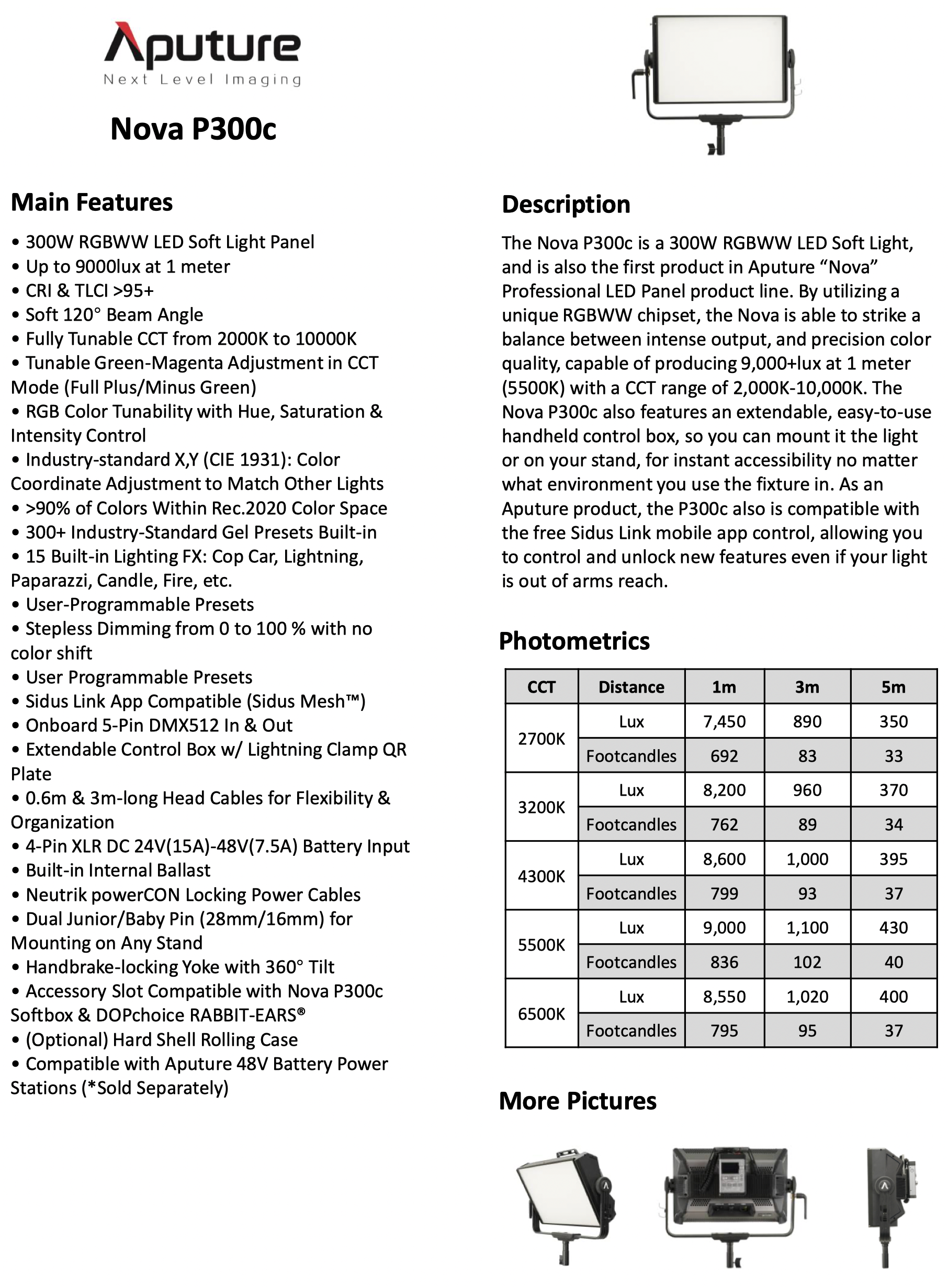Aputure Nova P300c RGBWW LED Soft Panel feature sheet 1