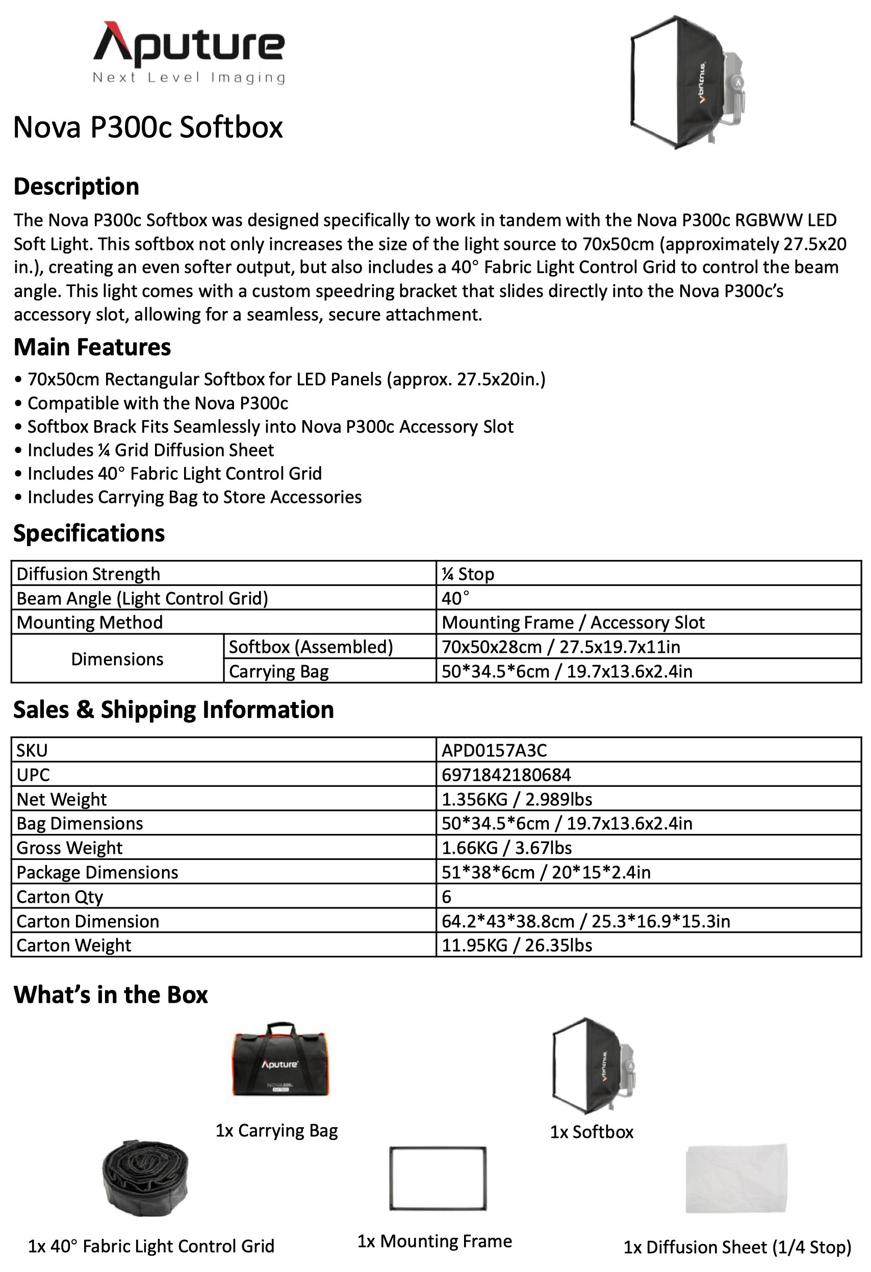 Aputure Nova P300c Softbox Feature Sheet