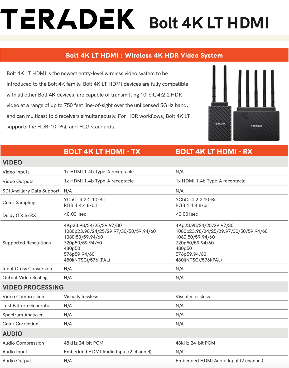 Teradek Bolt 4K LT HDMI TX/RX Spec
