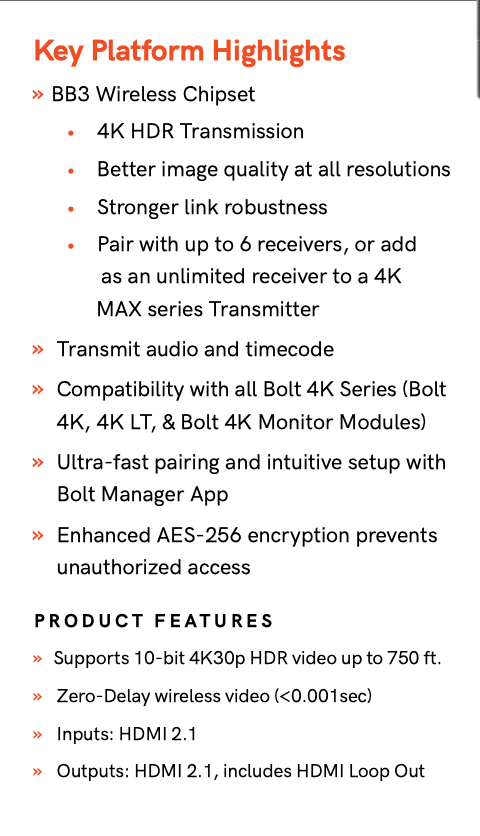 Teradek Bolt 4K LT HDMI TX/RX Feature