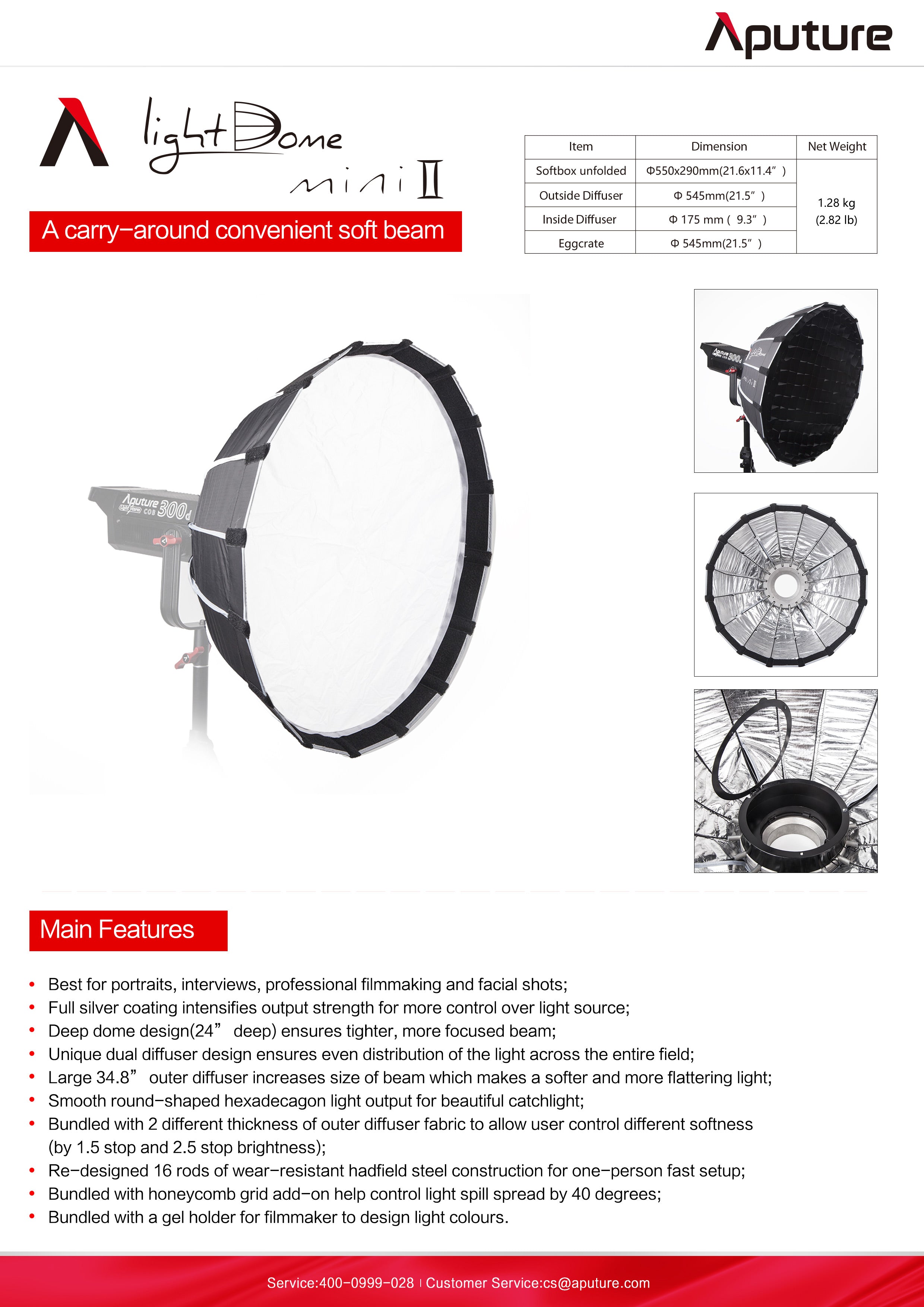 Aputure Light Dome mini ii spec sheet