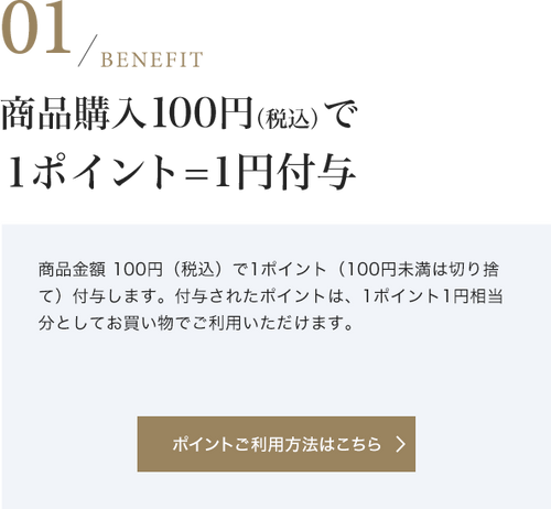 商品購入100円（税込）で１ポイント=1円付与　商品金額 100円（税込）で1ポイント（100円未満は切り捨て）付与します。付与されたポイントは、1ポイント1円相当分としてお買い物でご利用いただけます。