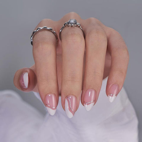 Tiny Silver Almond Nails for Pink and White Nail Designs