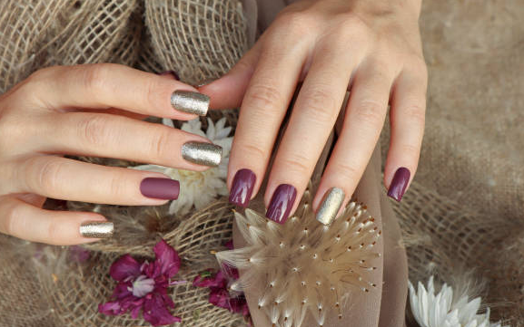 Maroon and Silver Glitter Nails