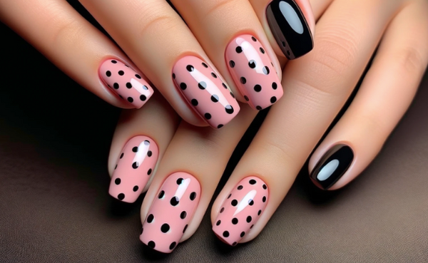 black and pink polka dots nail design