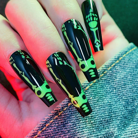 Halloween Dancing Skeleton Coffin Nails for green and black nail designs