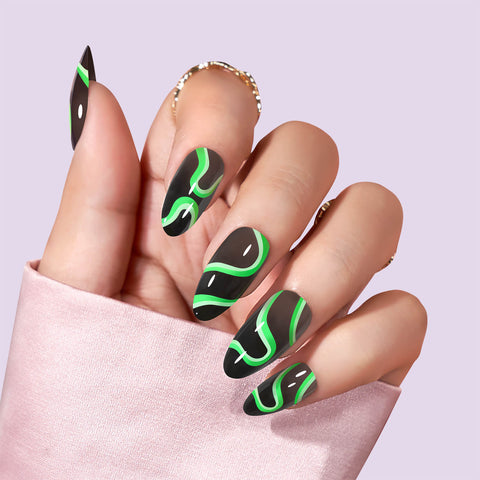 Green Poison Swirl Almond Nails for green and black nail designs