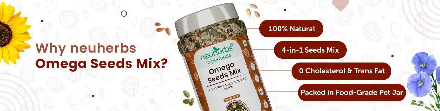 Omega Seeds Mix with richness of Flax, Pumpkin, Watermelon & Sunflower seeds with omega-3, dietary fiber, protein and essential nutrients helpful for Weight Loss, Heart & Good Skin