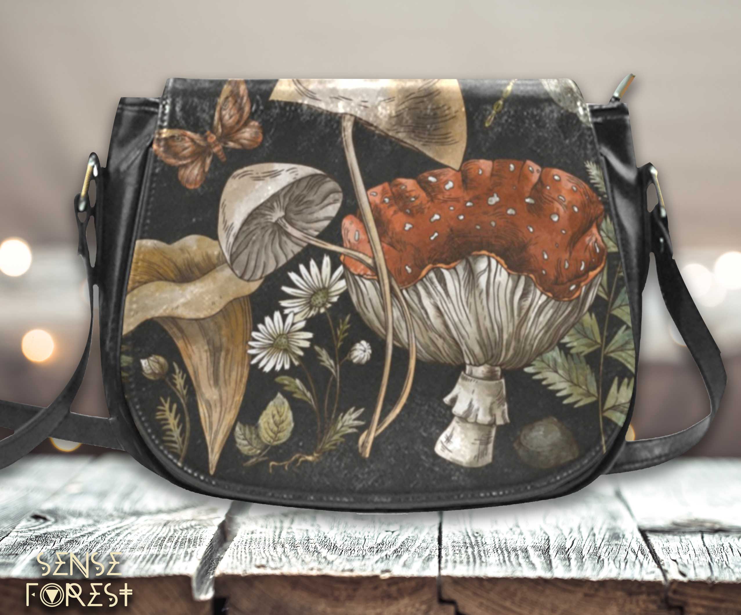 Sense Forest's best selling witchy vegan leather mushroom purse crossbody saddle bag