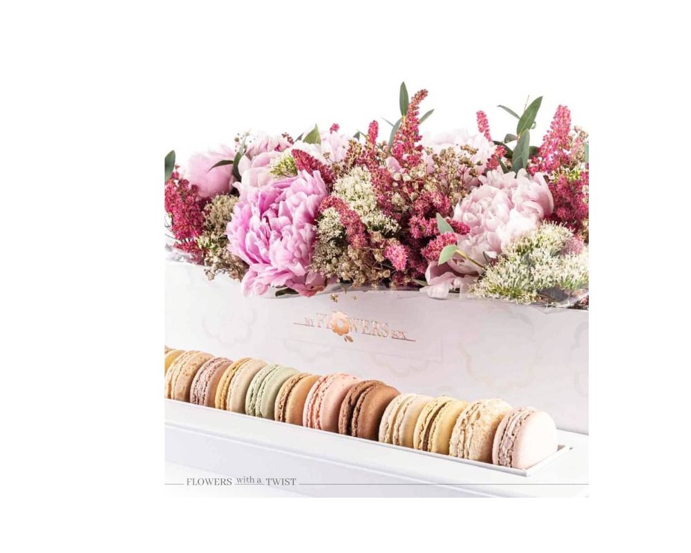 Pinkish Gold Flowers & Macarons, Deluxe Box - Best Dubai Party Gifts 