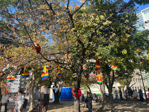 Photos from Kyushu Rainbow Pride taken by Private Structure staff. It was a tree decorated with IKEA decorations and was used as a children's space.