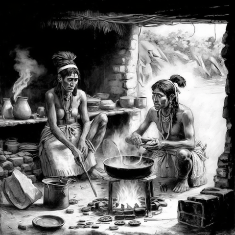 Ancient humans cooking over charcoal
