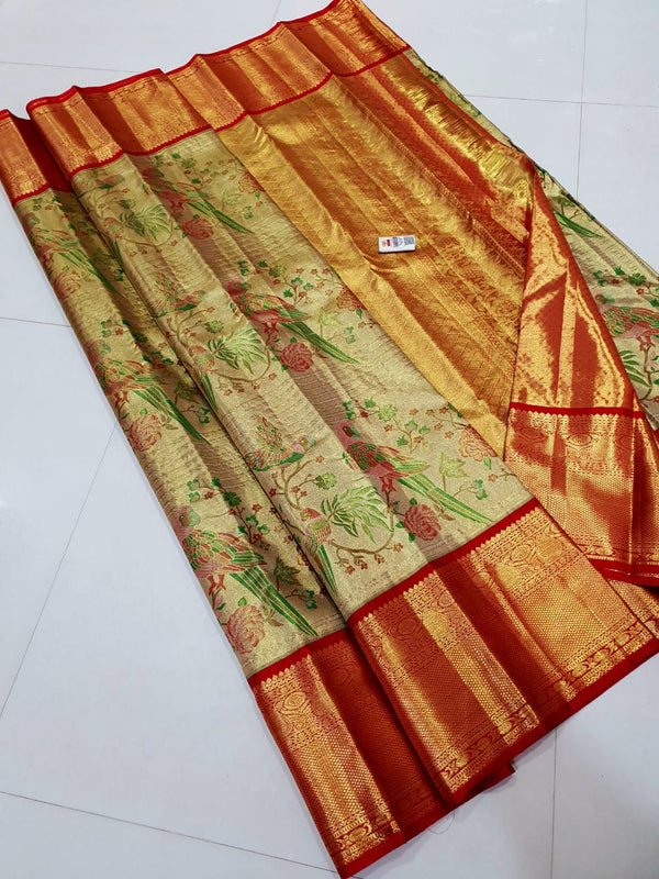 Buy online Banarasi Silk Saree with 3D Kalamkari Print attached by tassels  -Blue-AF1495